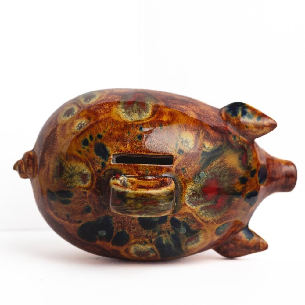 Vintage Handcrafted Ceramic Piggy Bank With Handle and Abstract Glaze Design - Picture 9 of 11